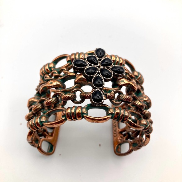 Lucky Brand cuff bracelet copper wide black glass cross boho lucky you - Picture 3 of 10